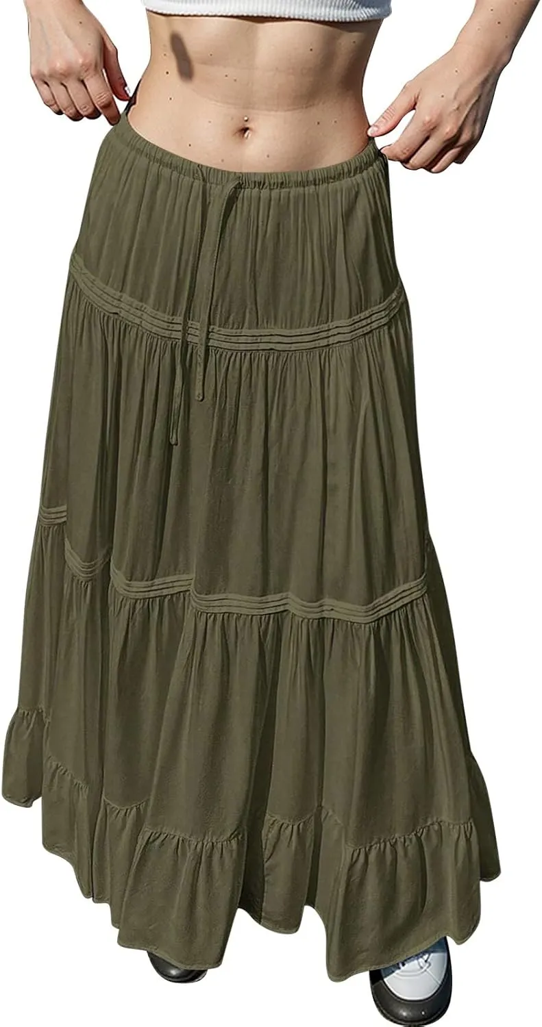 Maxi Skirts for Women Trendy Drawstring High Waisted Flowy Tiered Linen Skirt Pleated Ruffled A-Line Long Skirts