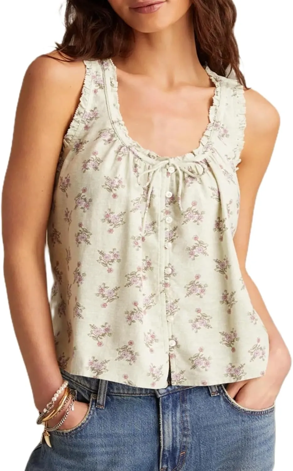 Meiweileya Women Y2k Pleated Peplum Tank Top Linen Front Tie Button Up Sleeveless Vest Ruffle Hem V Neck Going Out Blouse