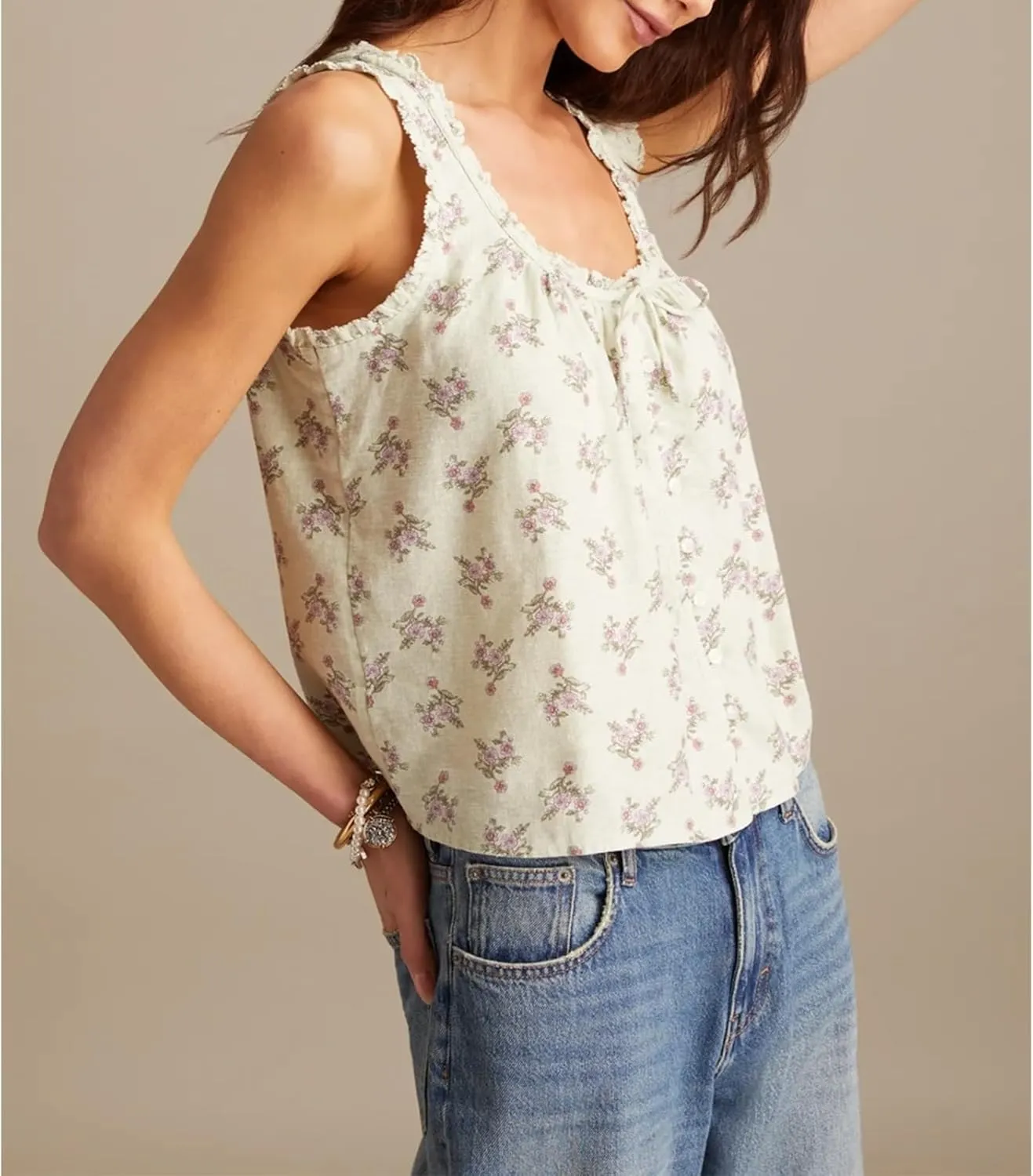Meiweileya Women Y2k Pleated Peplum Tank Top Linen Front Tie Button Up Sleeveless Vest Ruffle Hem V Neck Going Out Blouse