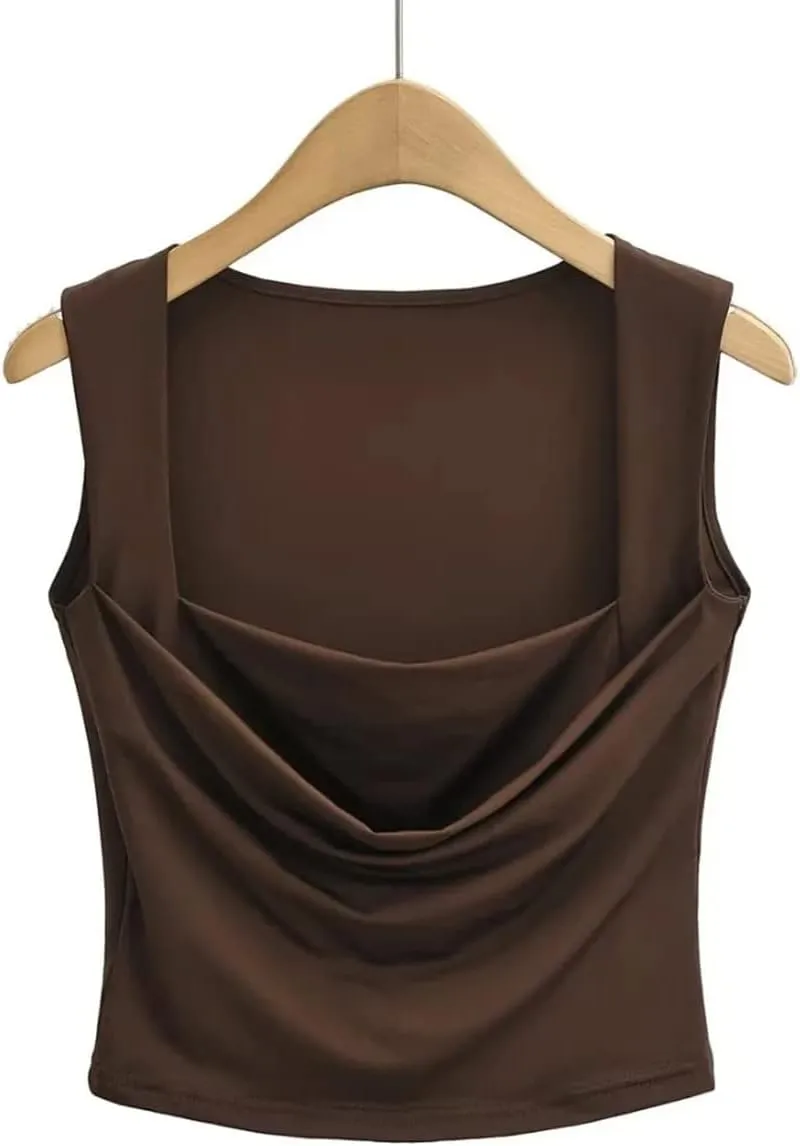 Meladyan Women Sexy Pleated Ruched Crop Tank Top Blue Square Neck Strappy Sleeve Cropped Vest Cami Shirt Clubwear