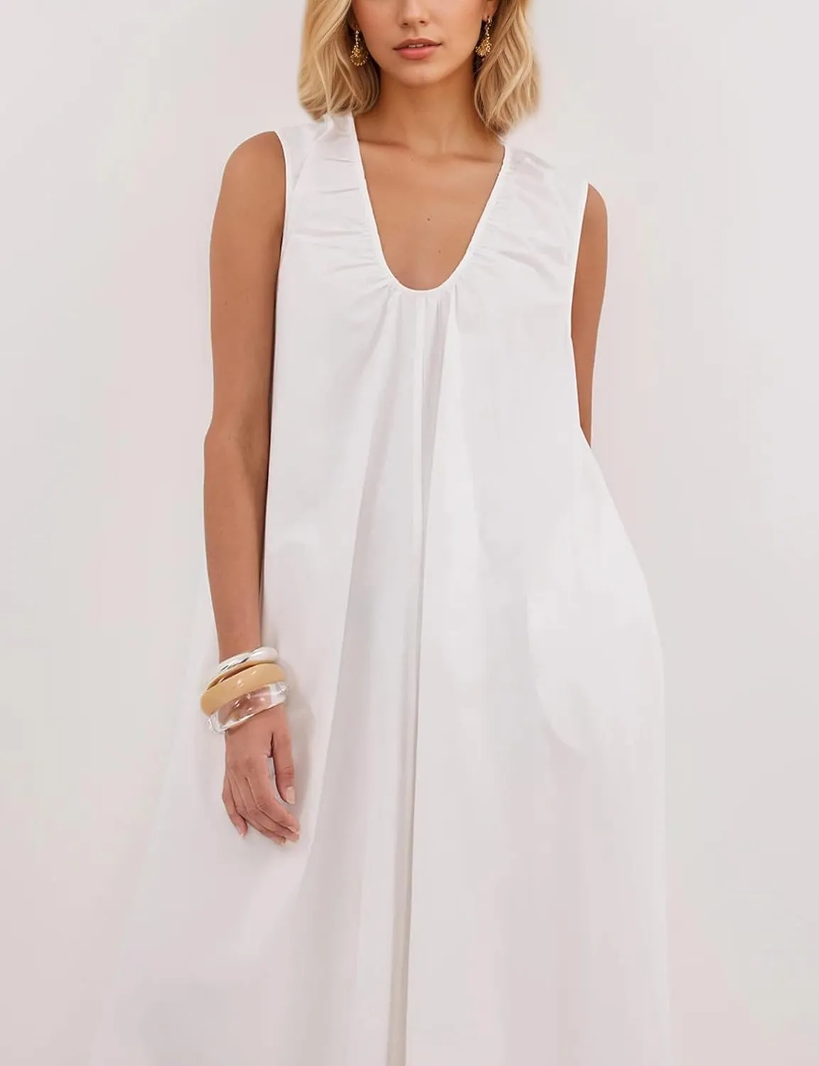 Melliflo Women's Sleeveless Maxi Dress Elegant Scoop Neck Ruched Long Blouse Dresses with Side Pockets