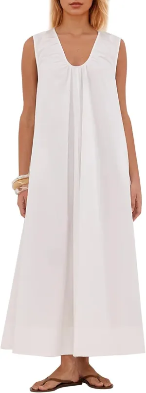 Melliflo Women's Sleeveless Maxi Dress Elegant Scoop Neck Ruched Long Blouse Dresses with Side Pockets