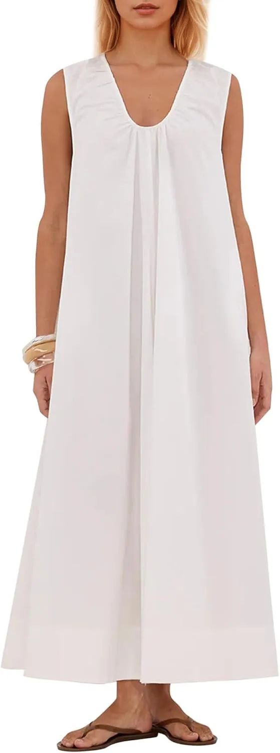 Melliflo Women's Sleeveless Maxi Dress Elegant Scoop Neck Ruched Long Blouse Dresses with Side Pockets