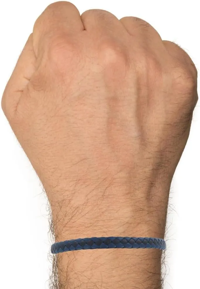 Men's Bracelet Two Tone Leather Braided Flat Blue Navy and Black