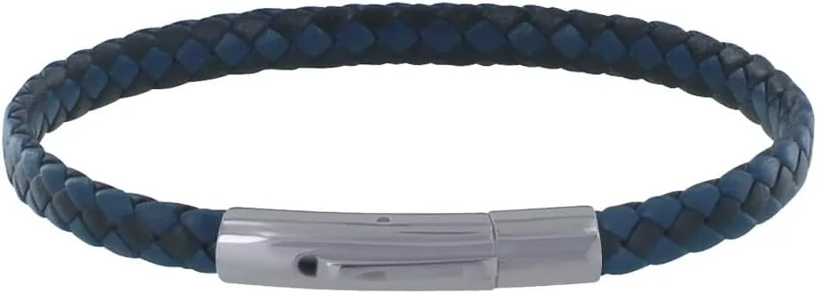 Men's Bracelet Two Tone Leather Braided Flat Blue Navy and Black