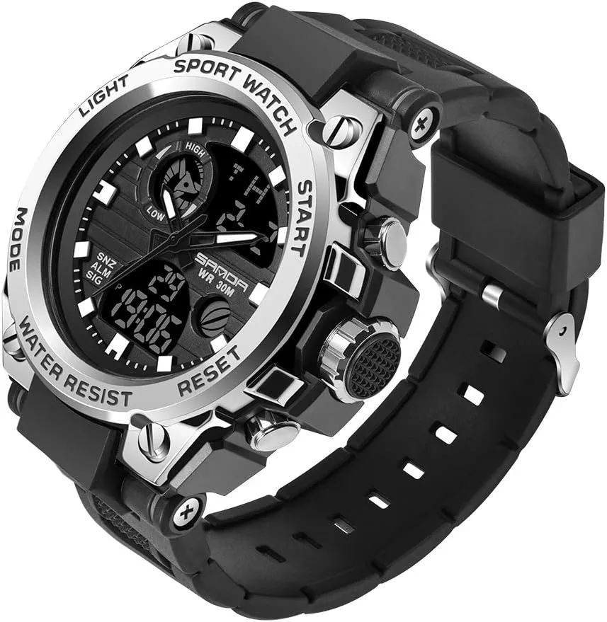 Mens Military Watches, Sports Outdoor Waterproof Watch, Tactical Army Wristwatch Analog Digital Date Multi-Function LED Alarm Stopwatch