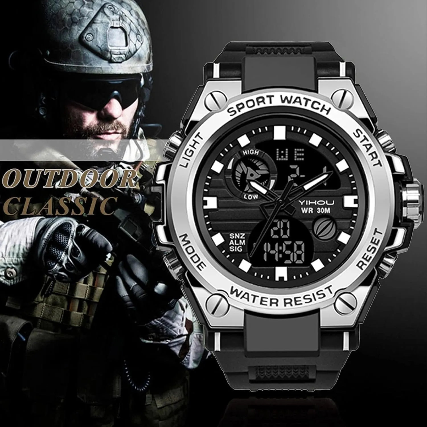 Mens Military Watches, Sports Outdoor Waterproof Watch, Tactical Army Wristwatch Analog Digital Date Multi-Function LED Alarm Stopwatch