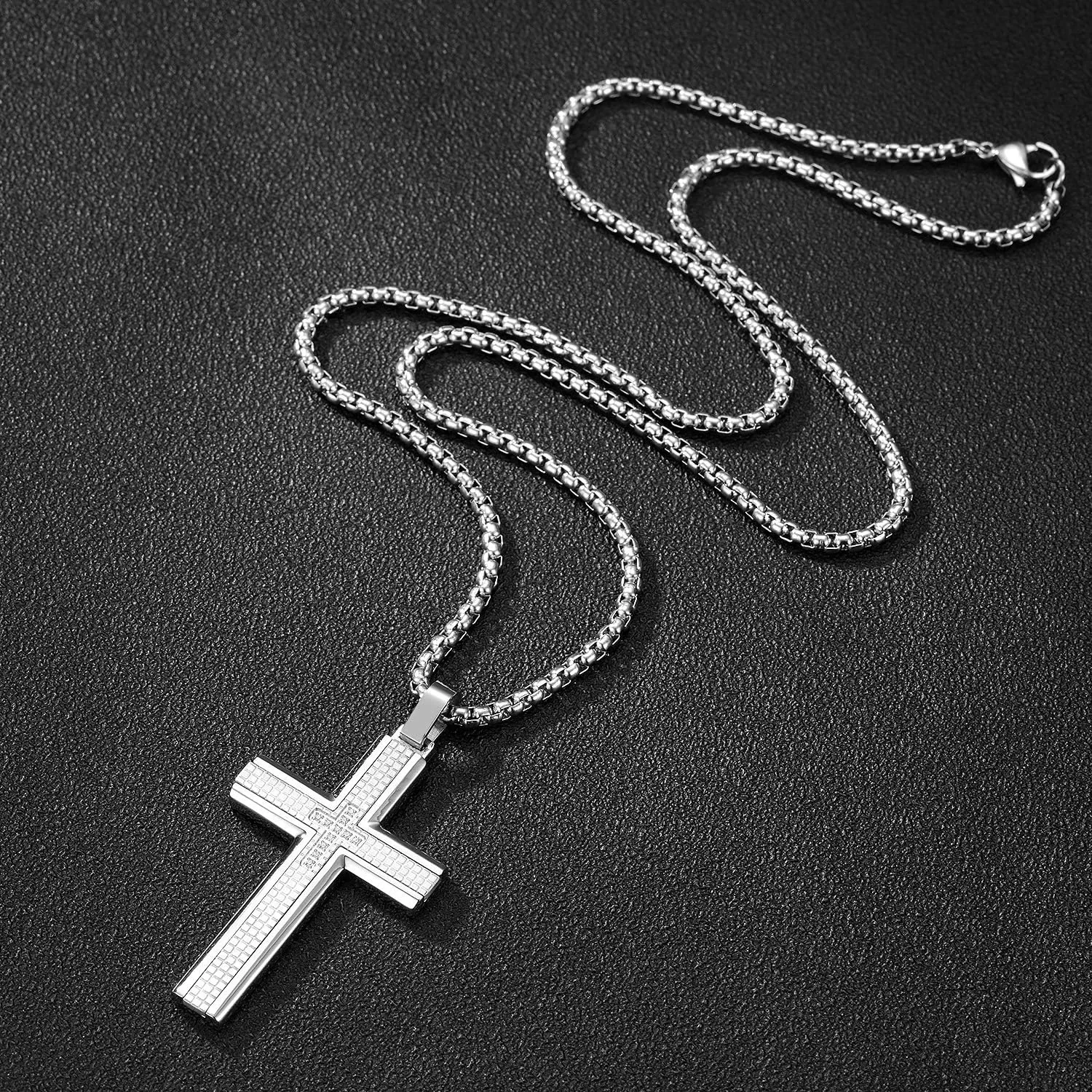 Men's Stainless Steel Cross Necklace,Two-Tone Black & Blue Carbon Fiber Pendant - Included Gift Box