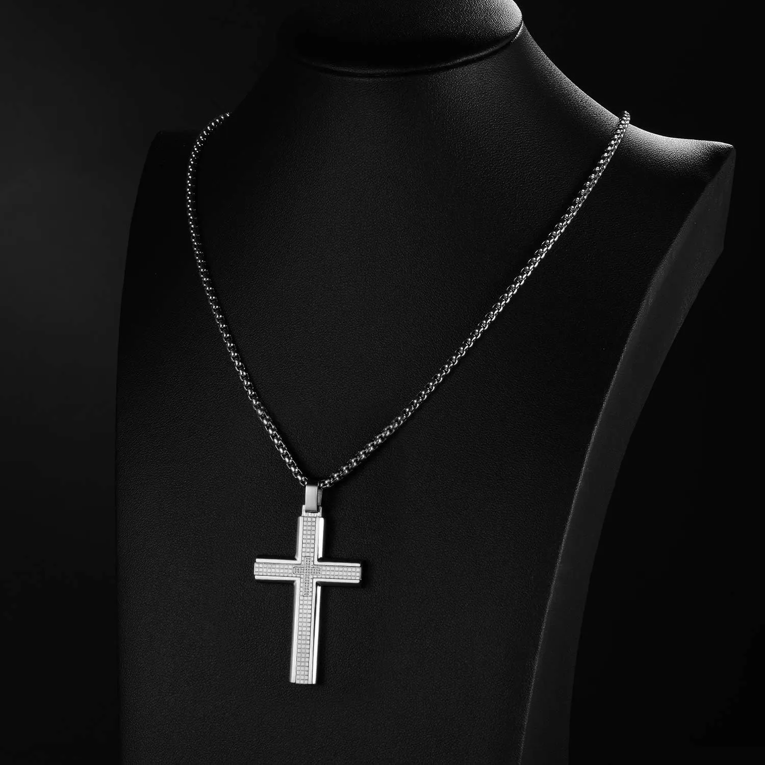 Men's Stainless Steel Cross Necklace,Two-Tone Black & Blue Carbon Fiber Pendant - Included Gift Box
