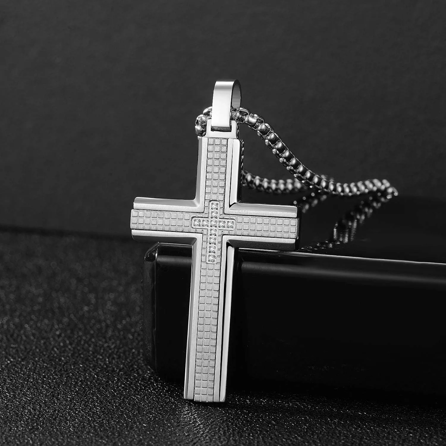 Men's Stainless Steel Cross Necklace,Two-Tone Black & Blue Carbon Fiber Pendant - Included Gift Box