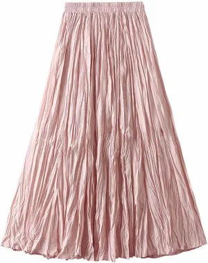 Midi Skirts for Women Casual Solid Color Pleated Skirt High Elastic Waist A-Line Skirts Cozy Flowy Swing Skirts
