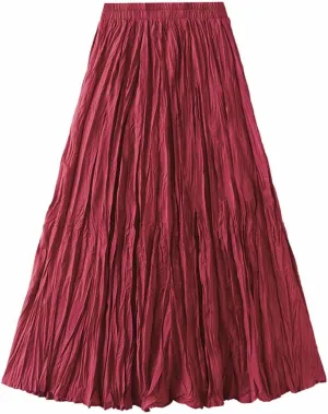 Midi Skirts for Women Casual Solid Color Pleated Skirt High Elastic Waist A-Line Skirts Cozy Flowy Swing Skirts