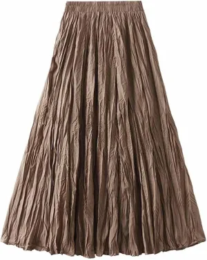 Midi Skirts for Women Casual Solid Color Pleated Skirt High Elastic Waist A-Line Skirts Cozy Flowy Swing Skirts