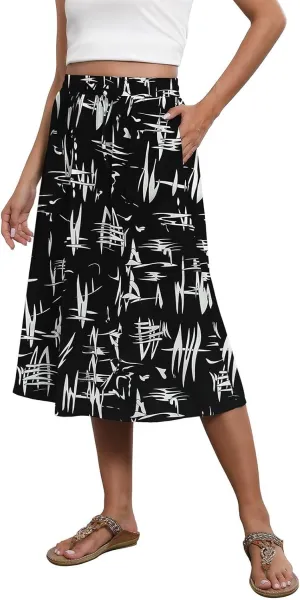 Midi Skirts for Women Trendy Summer Drawstring High Waisted Floral Boho Skirts Cute A Line Flowy Skirt with Pockets