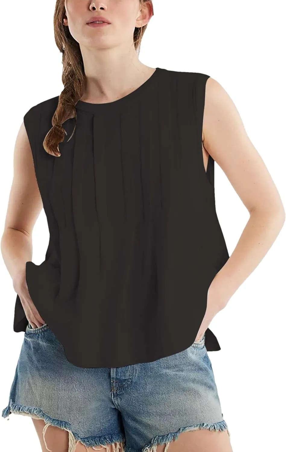 Mingzhu Women's Summer Pleated Ruffle Hem Babydoll Vest Shirt Y2K Peplum Sleeveless Tank Top Casual Loose Fit
