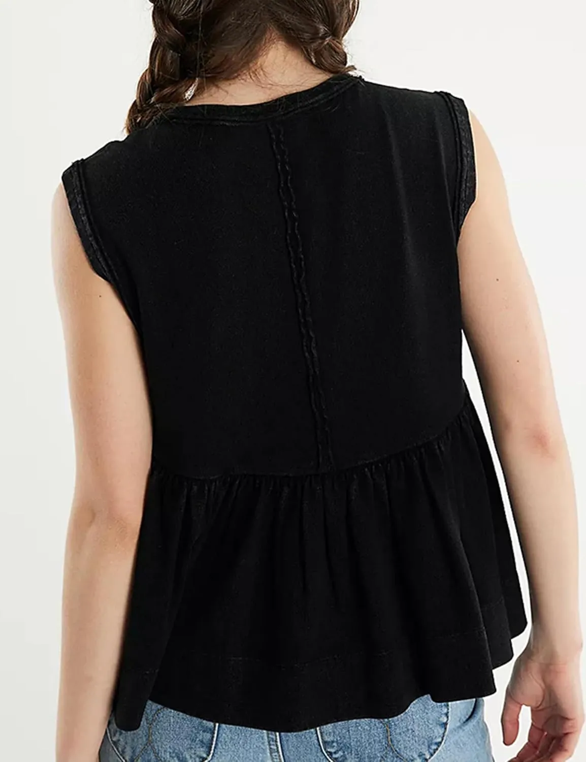 Mingzhu Women's Summer Pleated Ruffle Hem Babydoll Vest Shirt Y2K Peplum Sleeveless Tank Top Casual Loose Fit