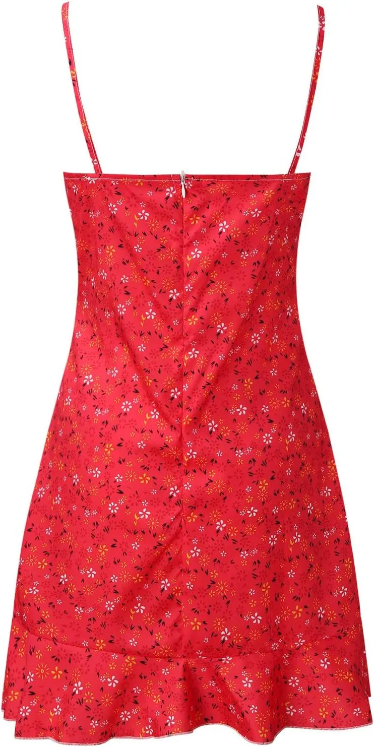 Mini Dresses for Women 2024 Summer Women's Floral Printed Spaghetti Strap Ruffle Hem Sundress Casual Fashion Sexy Tank Dress
