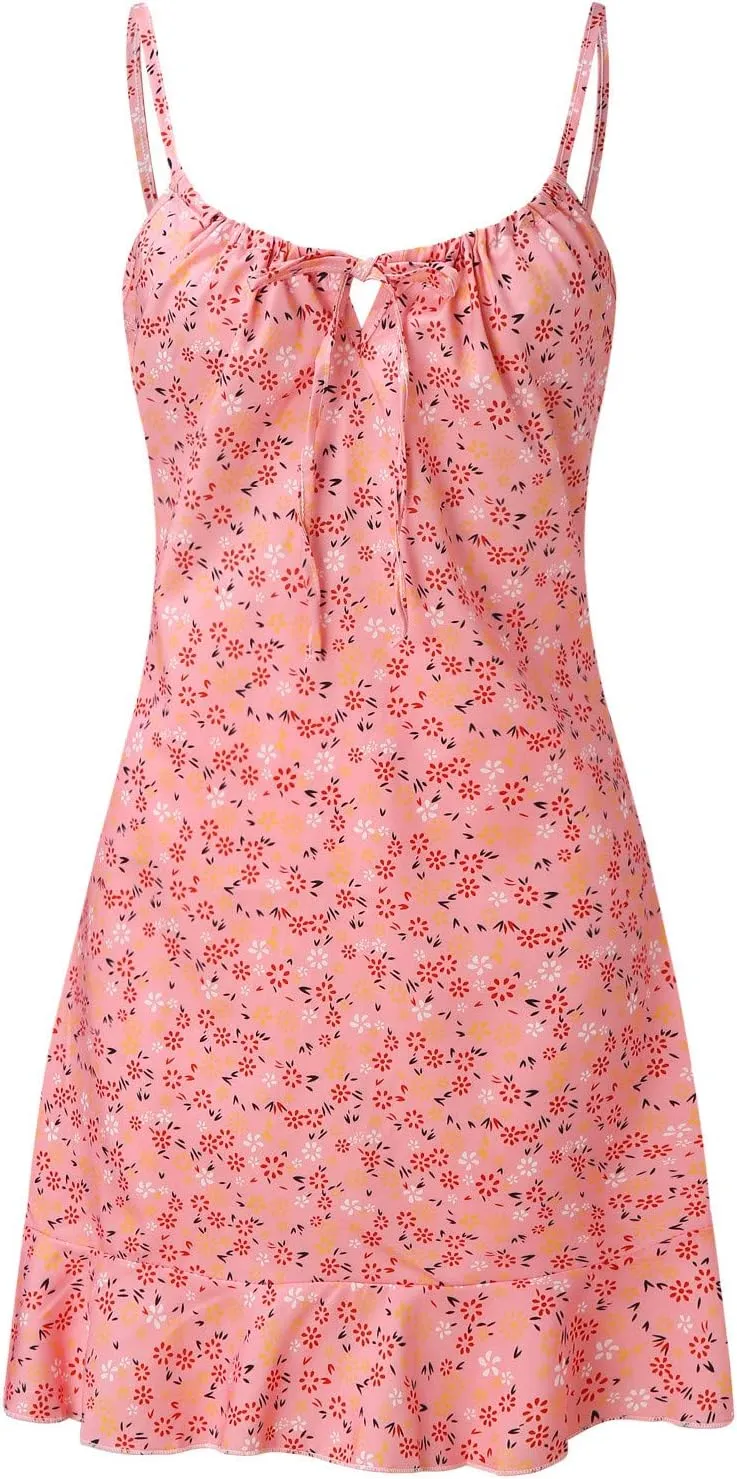 Mini Dresses for Women 2024 Summer Women's Floral Printed Spaghetti Strap Ruffle Hem Sundress Casual Fashion Sexy Tank Dress
