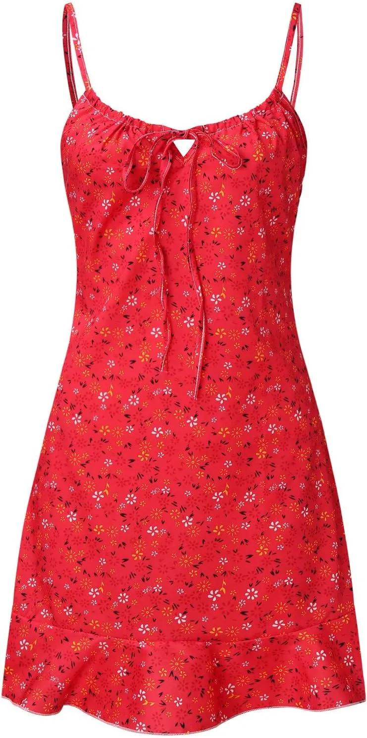 Mini Dresses for Women 2024 Summer Women's Floral Printed Spaghetti Strap Ruffle Hem Sundress Casual Fashion Sexy Tank Dress