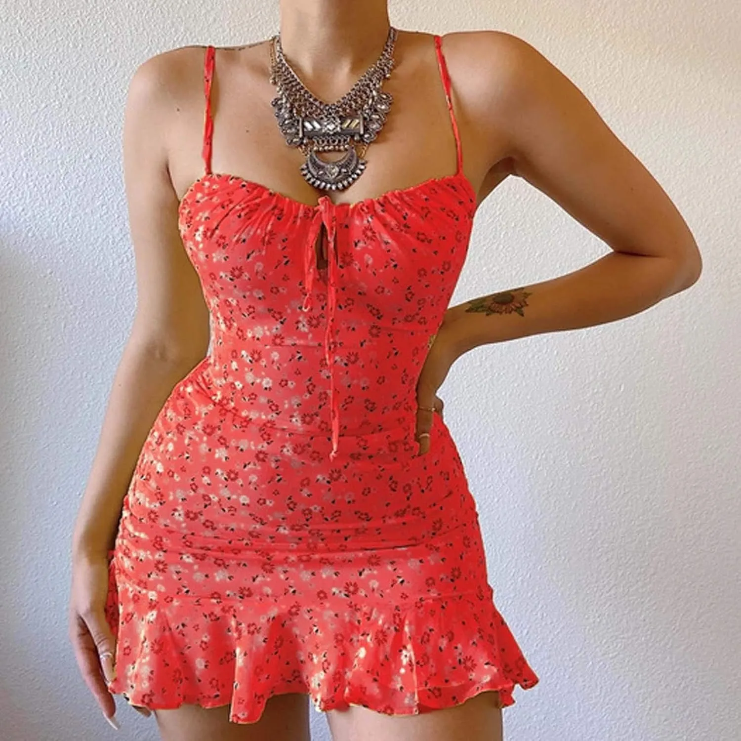 Mini Dresses for Women 2024 Summer Women's Floral Printed Spaghetti Strap Ruffle Hem Sundress Casual Fashion Sexy Tank Dress