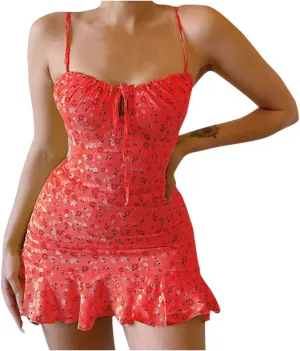 Mini Dresses for Women 2024 Summer Women's Floral Printed Spaghetti Strap Ruffle Hem Sundress Casual Fashion Sexy Tank Dress