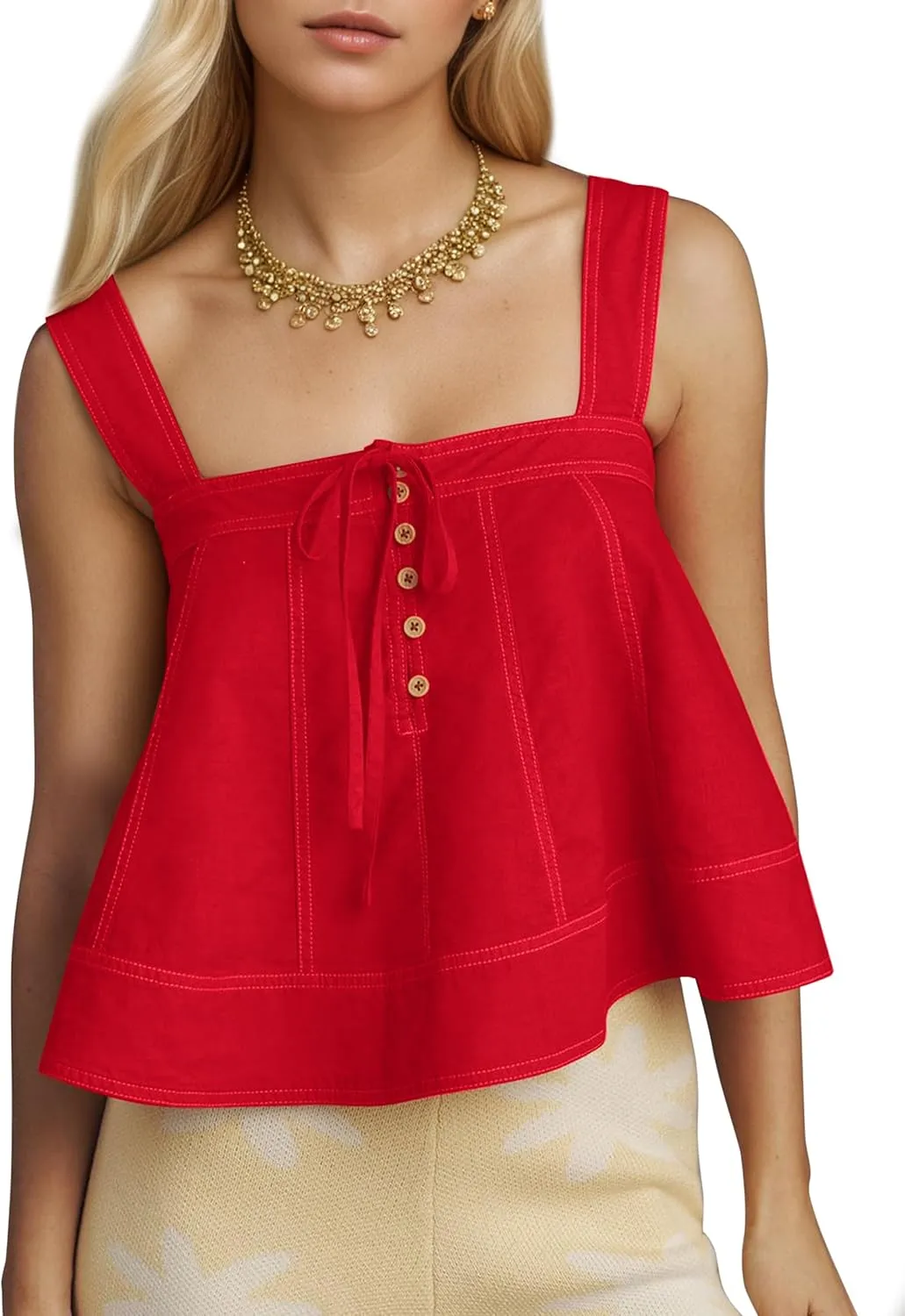 MISSACTIVER Linen Tank Tops for Women Sleeveless Square Neck Button Down Pleated Peplum Tops Flowy Ruffle Babydoll Shirt