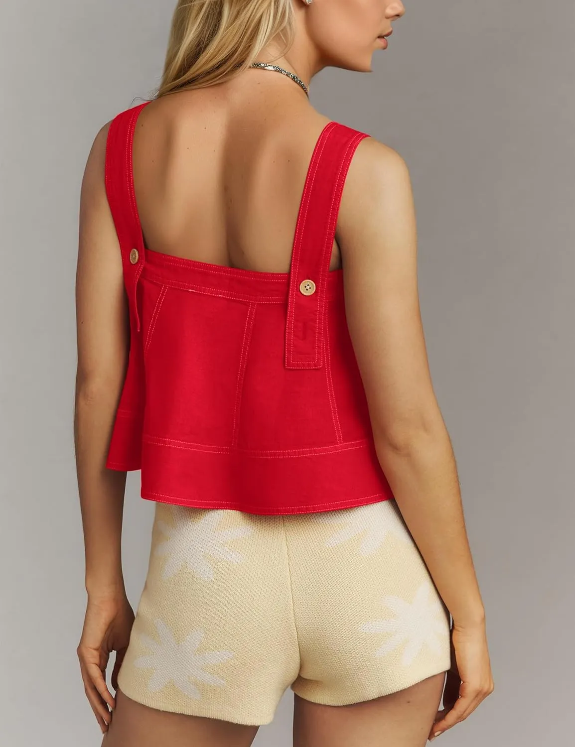 MISSACTIVER Linen Tank Tops for Women Sleeveless Square Neck Button Down Pleated Peplum Tops Flowy Ruffle Babydoll Shirt