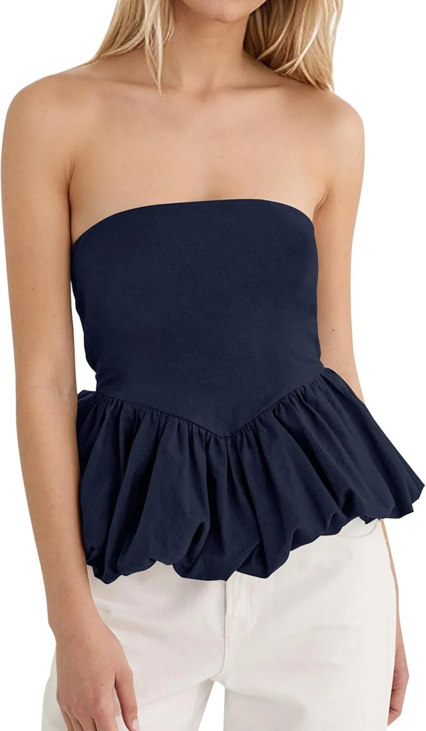 MISSACTIVER Peplum Tank Top for Women Casual Bandeau Tube Top Summer Flowy Strapless Going Out Shirts Blouses