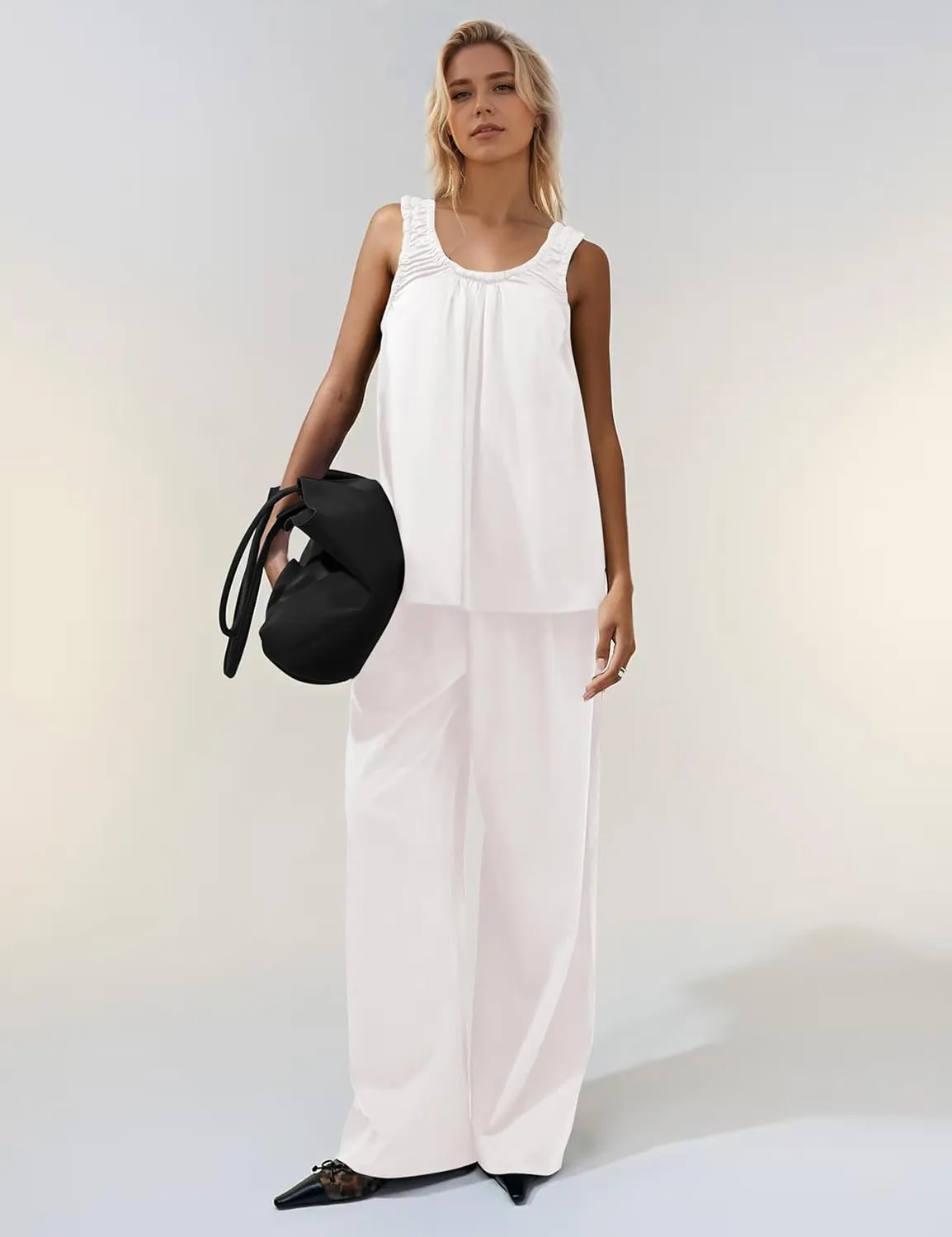MISSACTIVER Women's Ruched Scoop Neck Tank Top Solid Sleeveless Flowy Peplum Tops Casual Loose Summer Babydoll Blouse Shirt