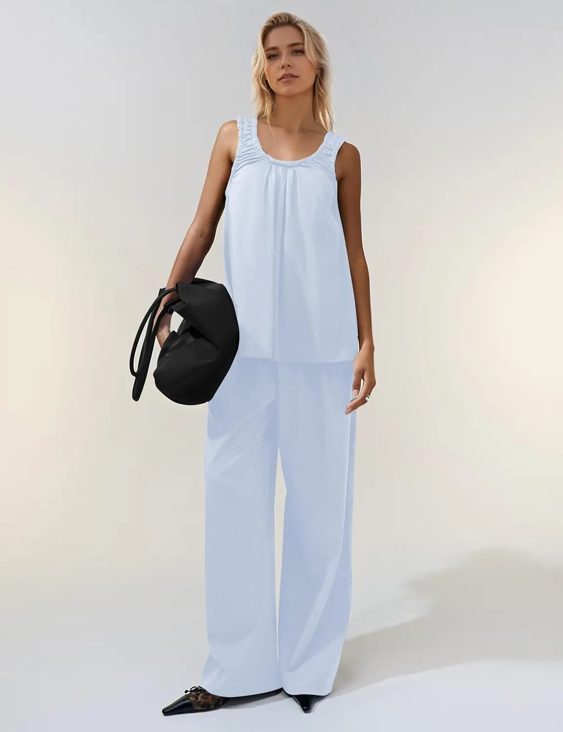 MISSACTIVER Women's Ruched Scoop Neck Tank Top Solid Sleeveless Flowy Peplum Tops Casual Loose Summer Babydoll Blouse Shirt
