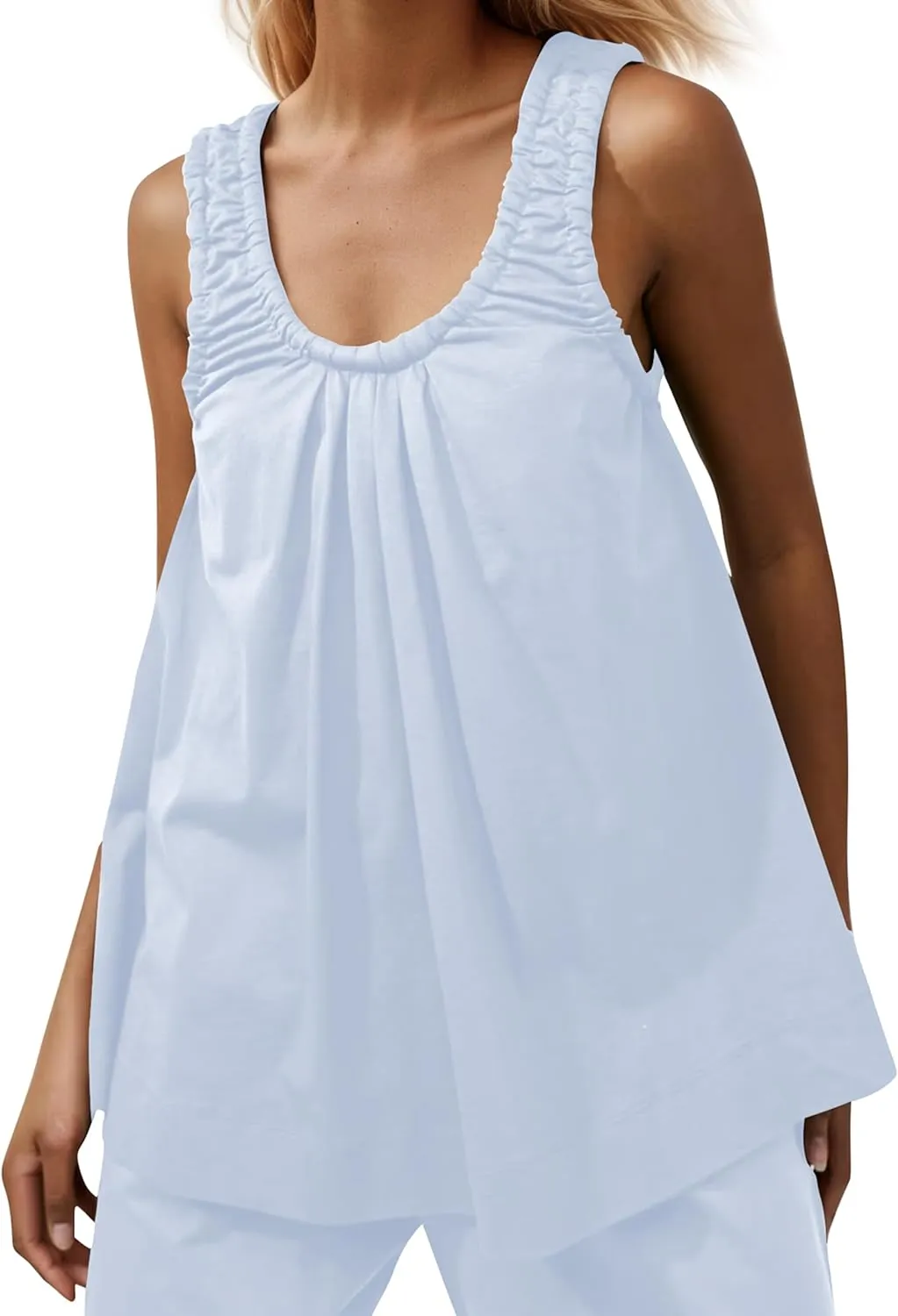 MISSACTIVER Women's Ruched Scoop Neck Tank Top Solid Sleeveless Flowy Peplum Tops Casual Loose Summer Babydoll Blouse Shirt
