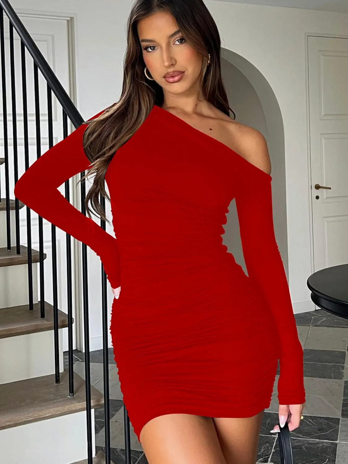 Mokoru Women's Sexy Elegant Off Shoulder Long Sleeve Ruched Bodycon Cocktail Party Mini Dresses