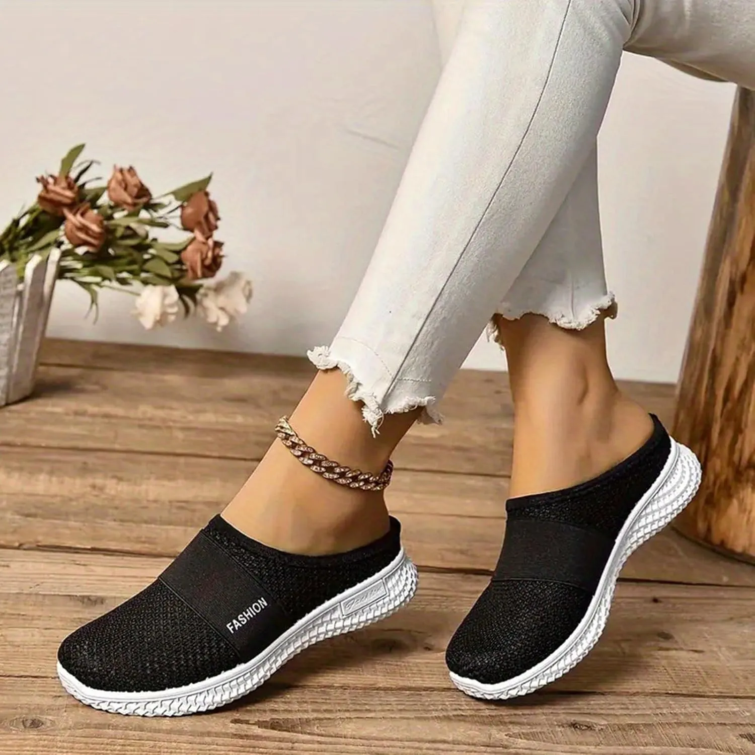 Mule Sneakers for Women Breathable Mesh Walking Mules Sneakers Knit Flats Lightweight Comfortable Summer Beach Walking Shoes Non-Slip Quick Drying Sandals Casual Slippers