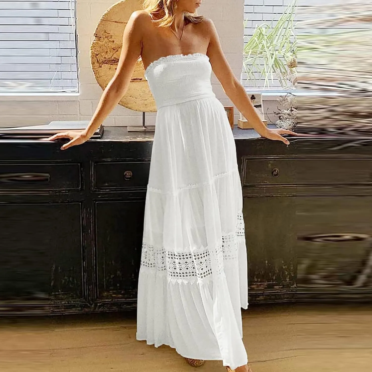 NaRHbrg Summer Dresses for Women 2024 Strapless Dress Boho Flowy Maxi Dress Tube Top Off Shoulder Sleeveless Long Sundress