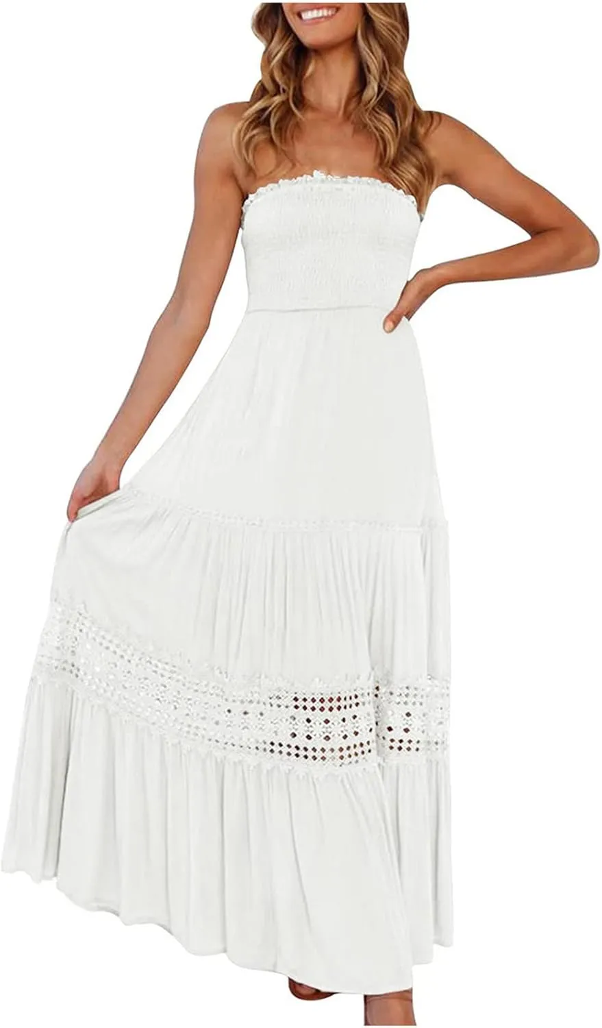 NaRHbrg Summer Dresses for Women 2024 Strapless Dress Boho Flowy Maxi Dress Tube Top Off Shoulder Sleeveless Long Sundress