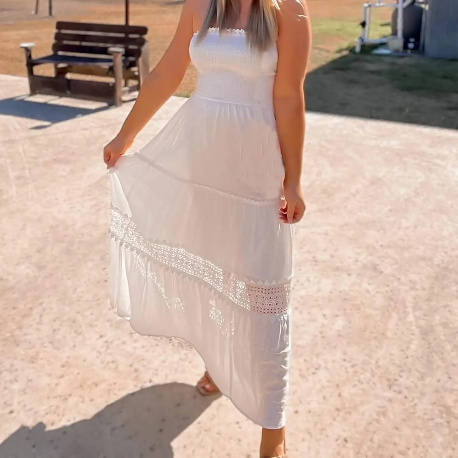 NaRHbrg Summer Dresses for Women 2024 Strapless Dress Boho Flowy Maxi Dress Tube Top Off Shoulder Sleeveless Long Sundress