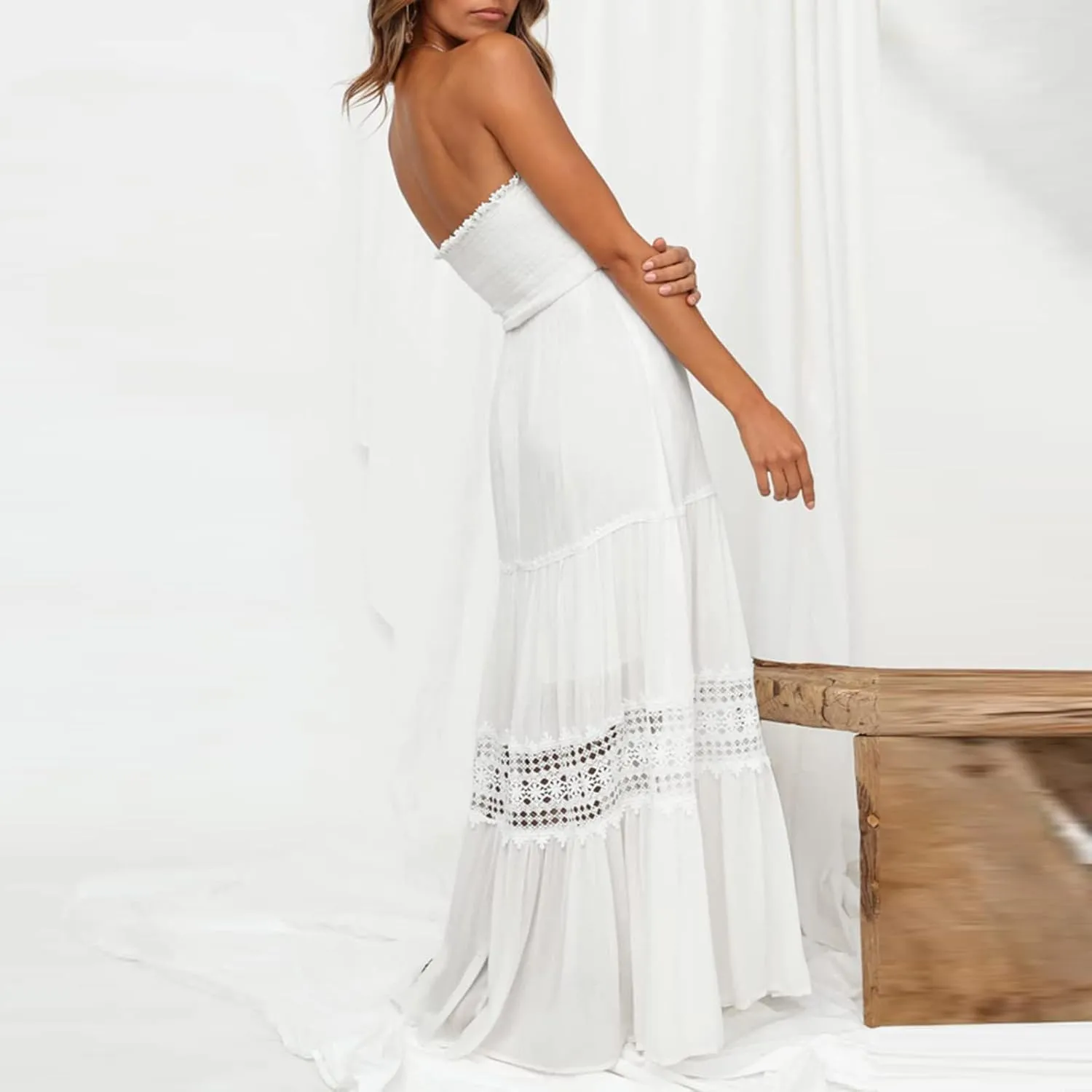 NaRHbrg Summer Dresses for Women 2024 Strapless Dress Boho Flowy Maxi Dress Tube Top Off Shoulder Sleeveless Long Sundress