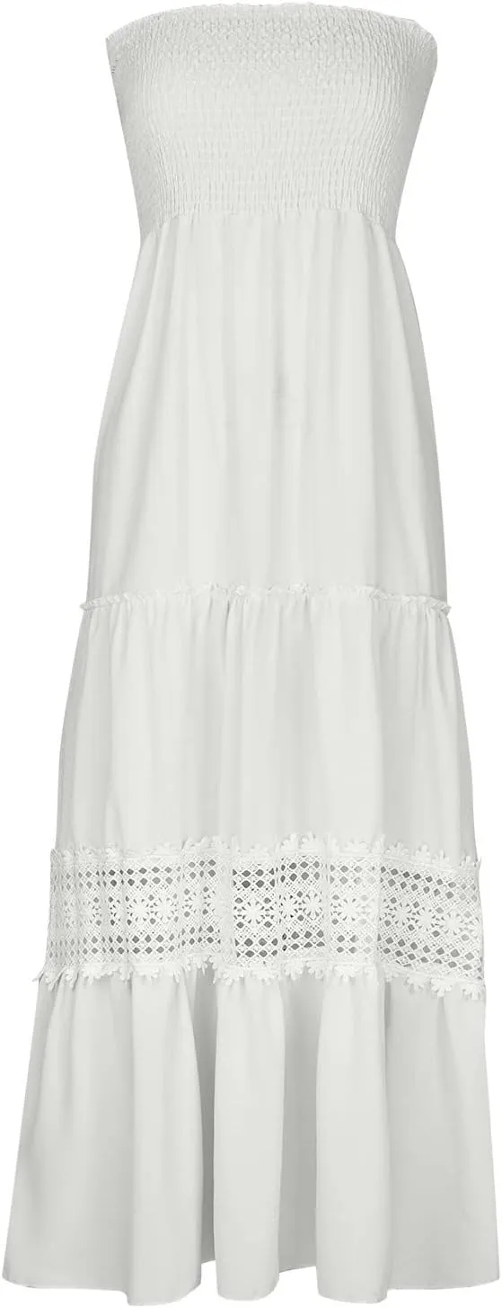 NaRHbrg Summer Dresses for Women 2024 Strapless Dress Boho Flowy Maxi Dress Tube Top Off Shoulder Sleeveless Long Sundress