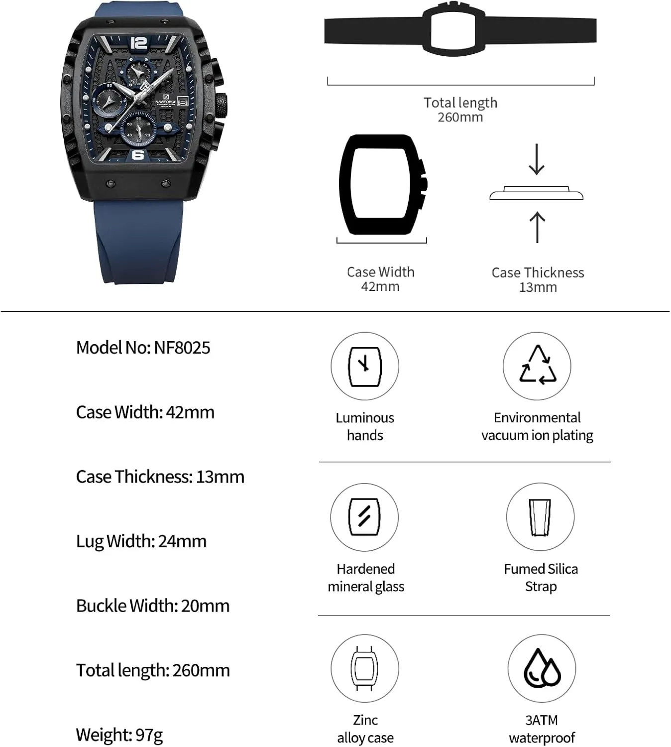 NAVIFORCE Men Quartz Watch Auto Date Week Business Dress Analog Wrist Watches