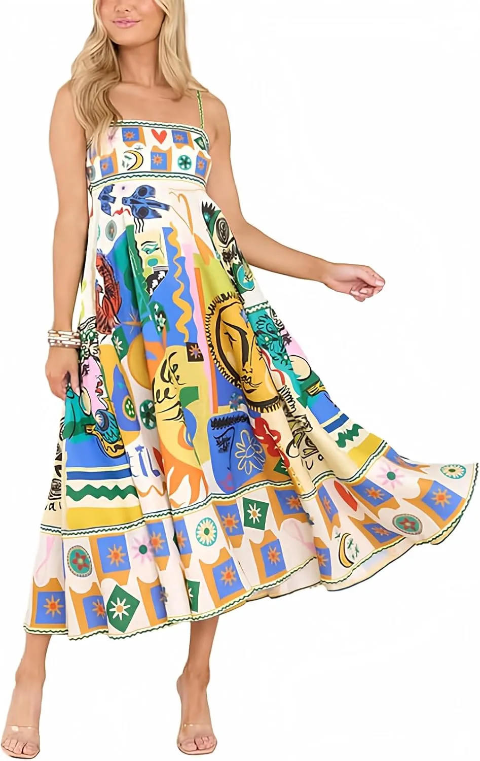 NUFIWI Women Boho Graffiti Cami Long Dress Graphic Spaghetti Strap Flowy Maxi Dress Square Neck Colorful A Line Sundress