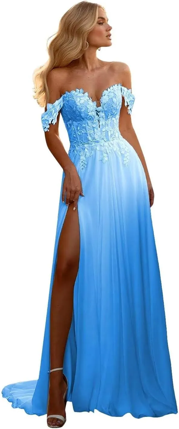 Off Shoulder Chiffon Wedding Dresses for Bride Laces Boho Beach Bridal Gowns with Slit