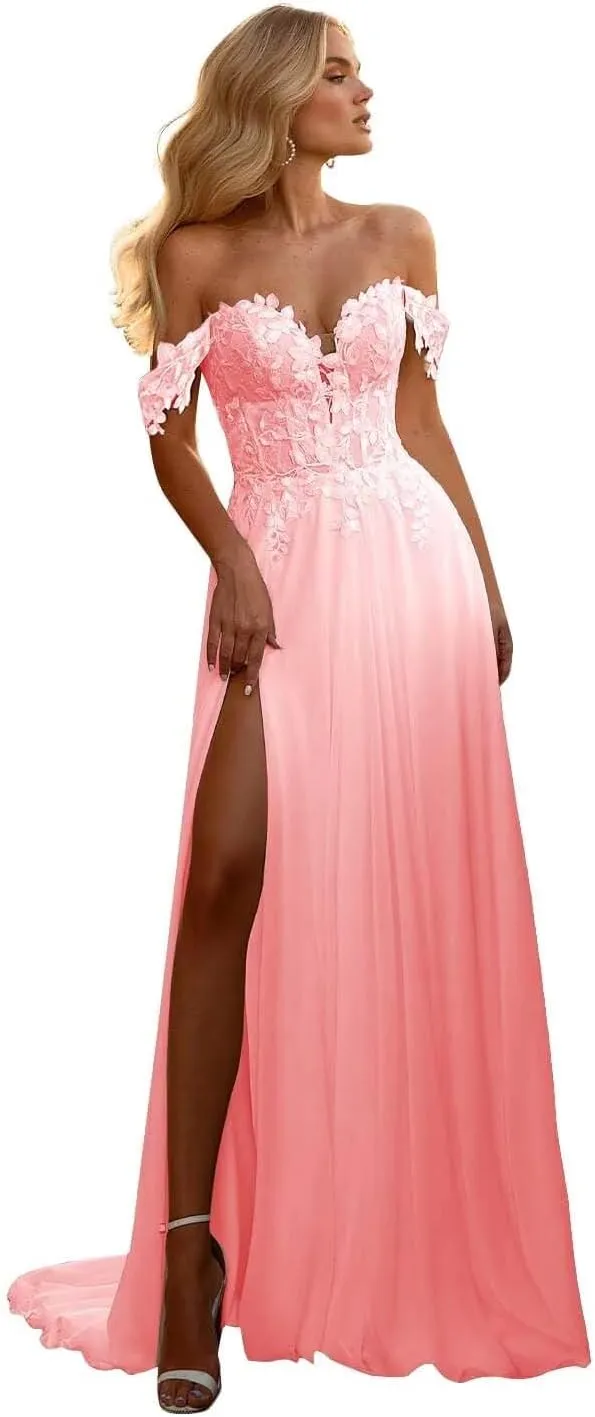 Off Shoulder Chiffon Wedding Dresses for Bride Laces Boho Beach Bridal Gowns with Slit