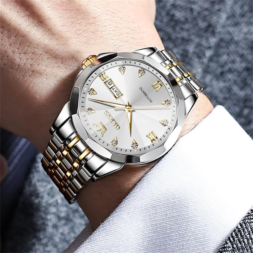 OLEVS Automatic Watches for Men Business Dress Watch Mechanical Stainless Steel Waterproof Self Winding Classic Date Luxury Diamond Men Wrist Watch