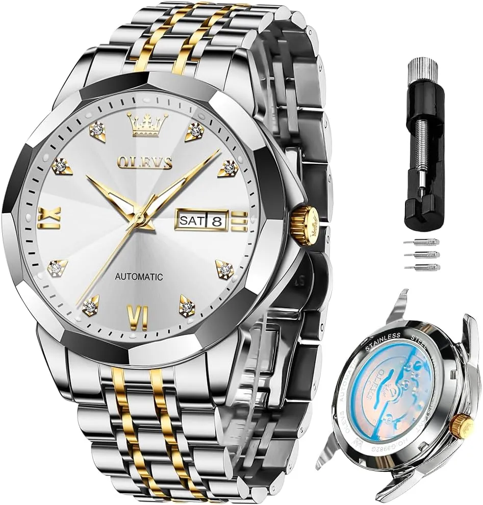 OLEVS Automatic Watches for Men Business Dress Watch Mechanical Stainless Steel Waterproof Self Winding Classic Date Luxury Diamond Men Wrist Watch