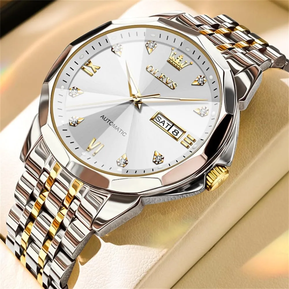 OLEVS Automatic Watches for Men Business Dress Watch Mechanical Stainless Steel Waterproof Self Winding Classic Date Luxury Diamond Men Wrist Watch