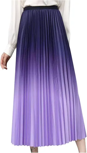 Ombre Pleated Midi Skirt for Women Gradient High Waist Flowing A Line Skirts Fashion Spring Summer Dress