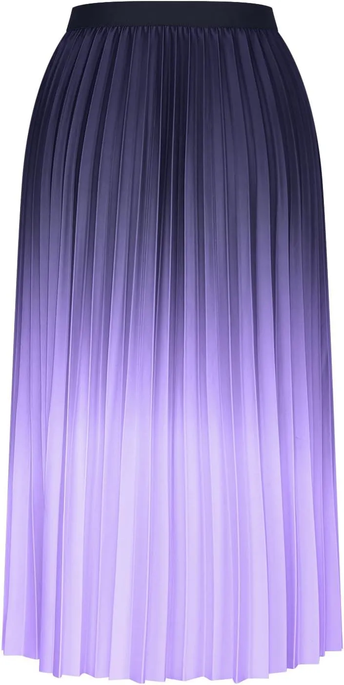 Ombre Pleated Midi Skirt for Women Gradient High Waist Flowing A Line Skirts Fashion Spring Summer Dress
