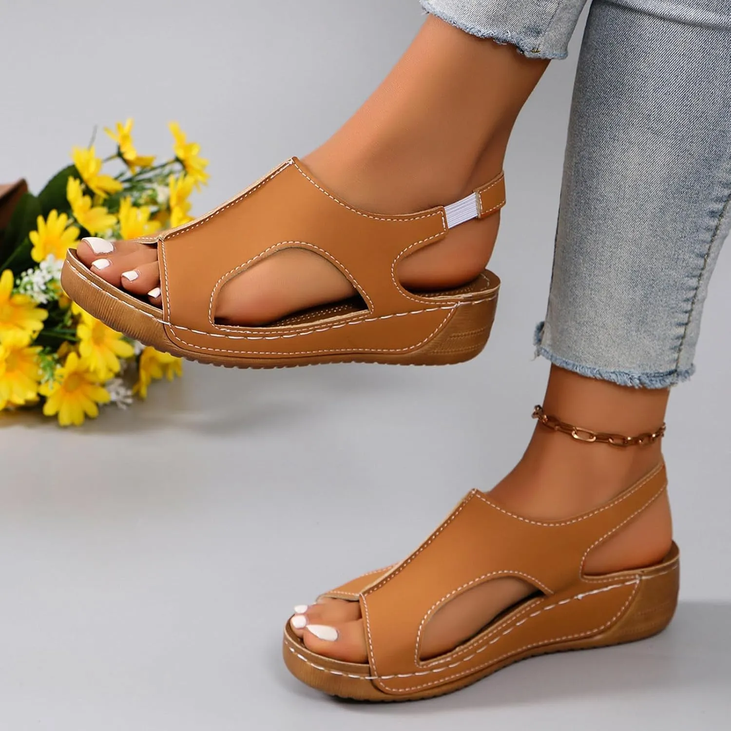 Orthopedic Sandals for Women Summer Comfortable Dressy Casual Slides Sandals Open Toe Elastic Ankle Strap Slip On Sandal Ladies Beach Walking Shoes Indoor Outdoor
