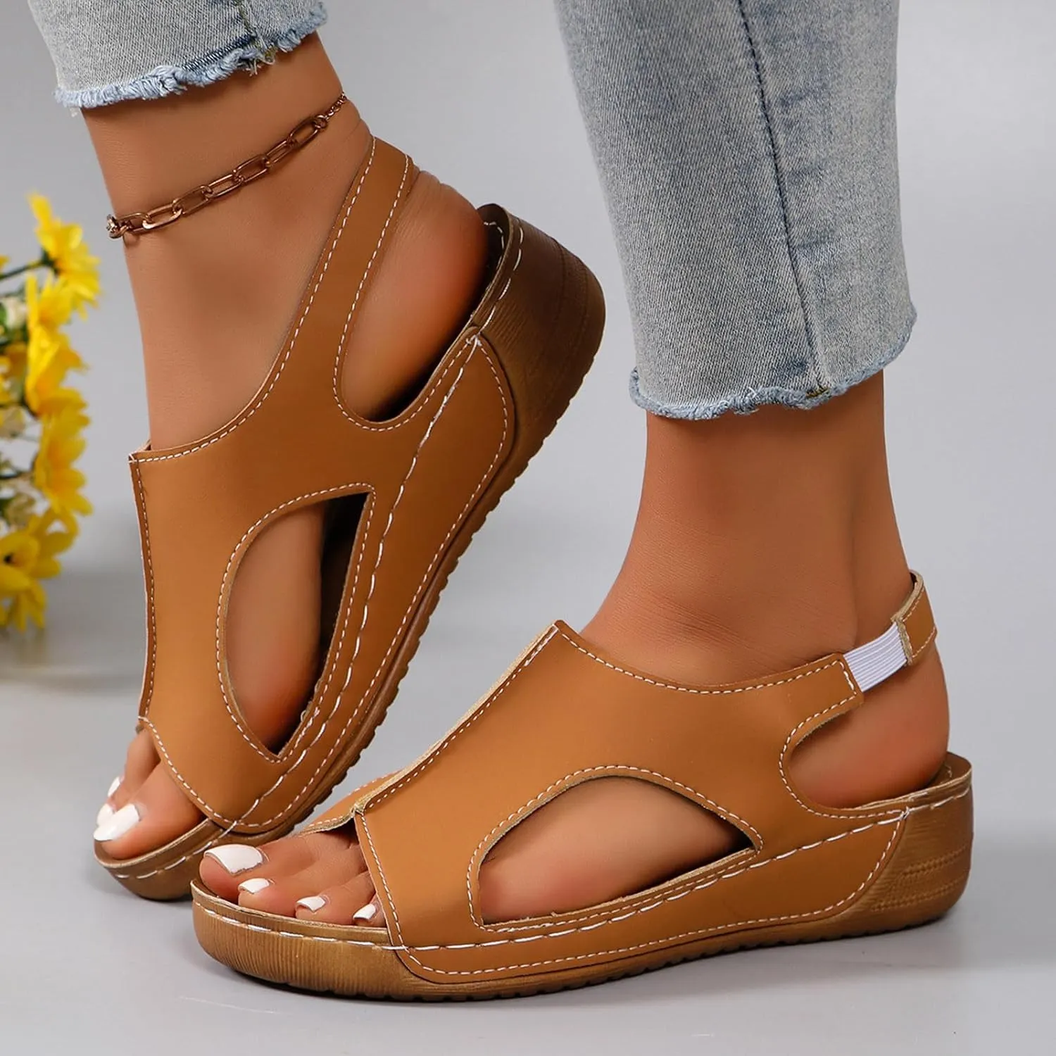 Orthopedic Sandals for Women Summer Comfortable Dressy Casual Slides Sandals Open Toe Elastic Ankle Strap Slip On Sandal Ladies Beach Walking Shoes Indoor Outdoor