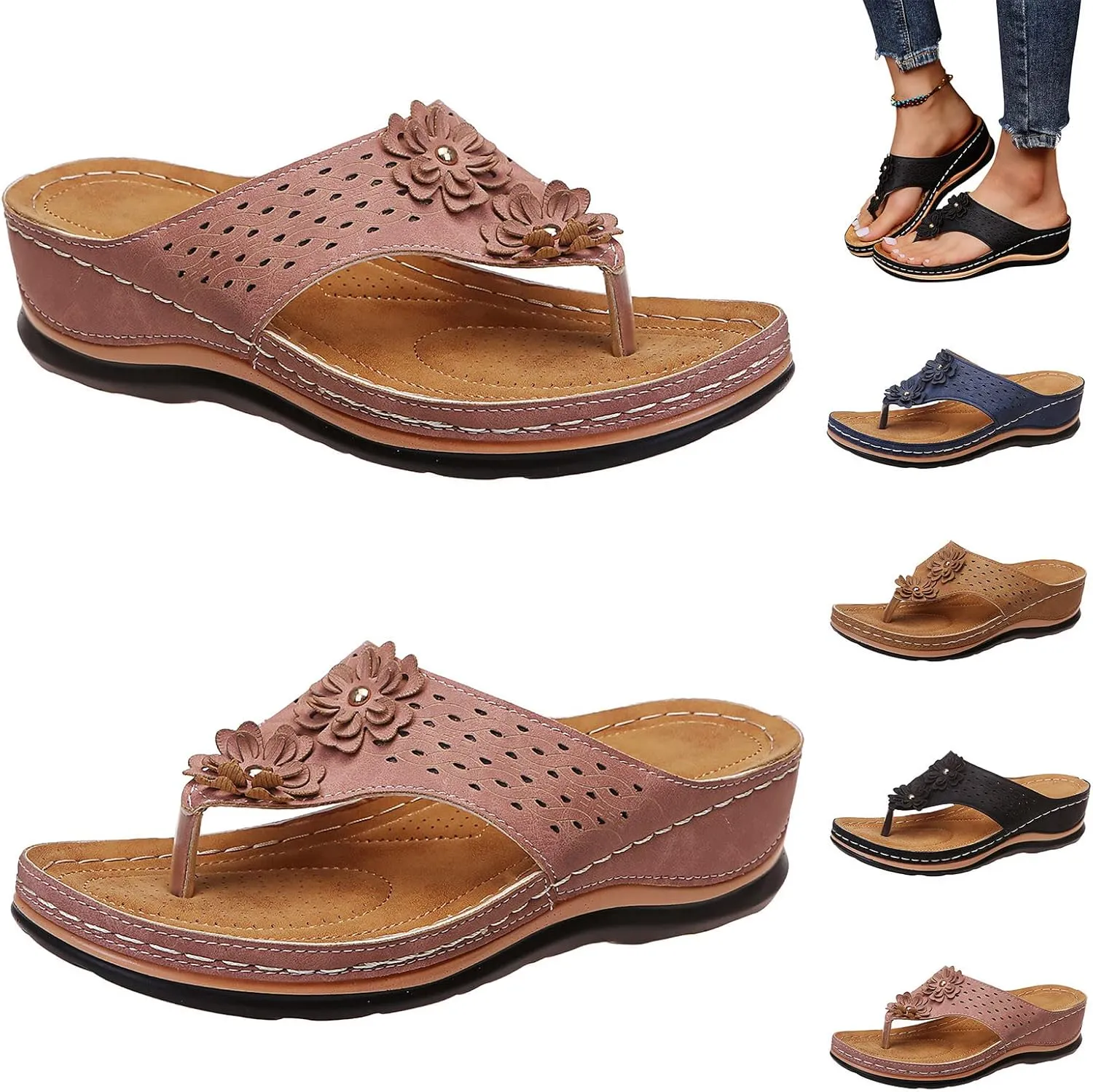 Orthopedic Wedge Sandals for Women with Arch Support Flip Flops Summer Dressy,Women Flat Open Toe Wedge Sandals Casual Slip on Sandals Beach Boho Platform Sandals Comfortable Outdoor Shoes (9.5)